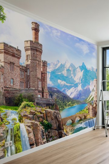 Dreamwall İhtişamlı Kaleler, Şelaleler, Taş Köprü ve Dağ Manzaralı Tek Parça Tekstil Duvar Kağıdı küçük görsel 3