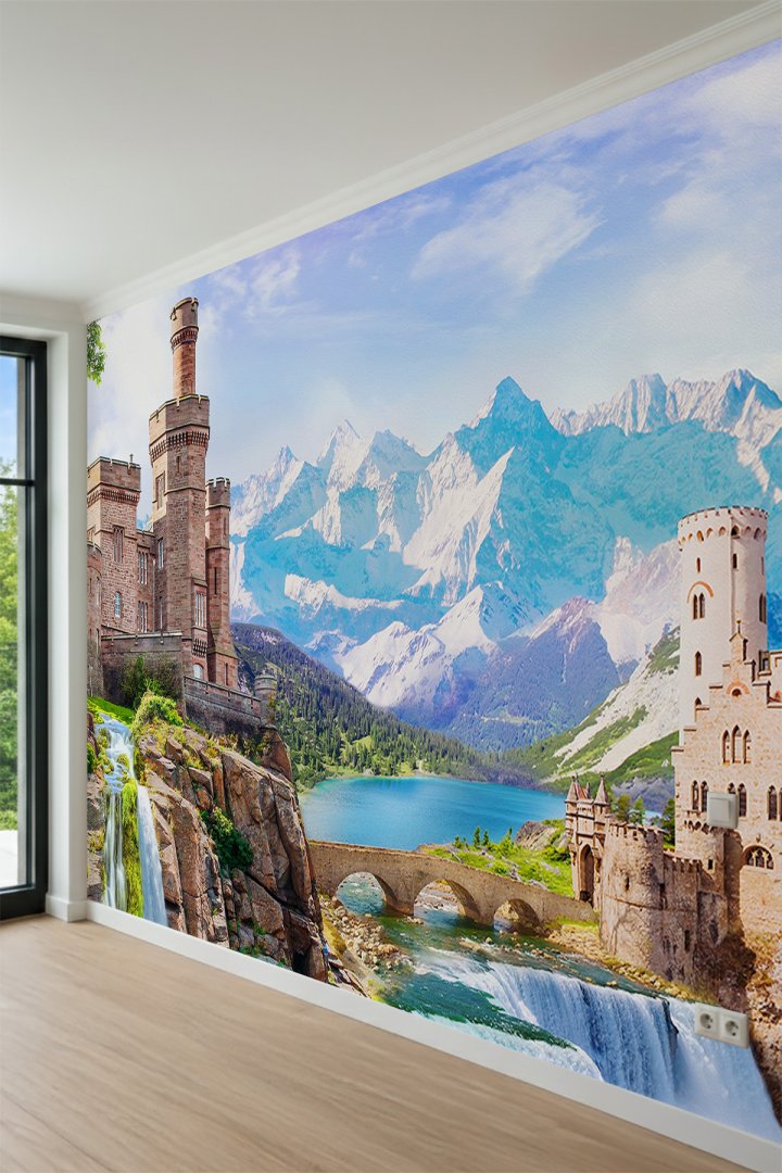 Dreamwall İhtişamlı Kaleler, Şelaleler, Taş Köprü ve Dağ Manzaralı Tek Parça Tekstil Duvar Kağıdı