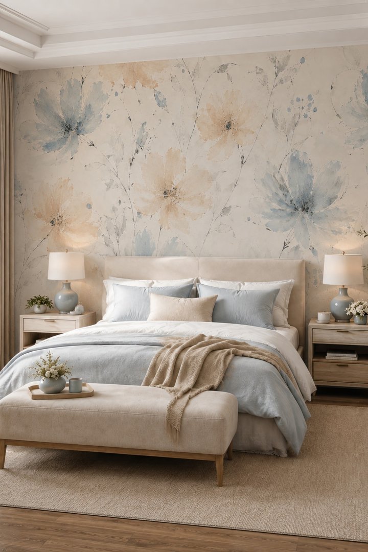 Dreamwall İlk Eskiz-Soft Suluboya Çiçek Desenli Tek Parça Tekstil Duvar Kağıdı