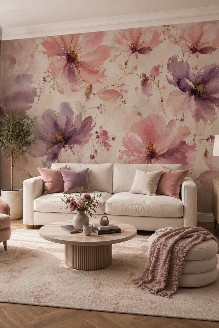 Dreamwall İlk Tomurcuk- Sanatsal Çiçek Desenli Tek Parça Tekstil Duvar Kağıdı