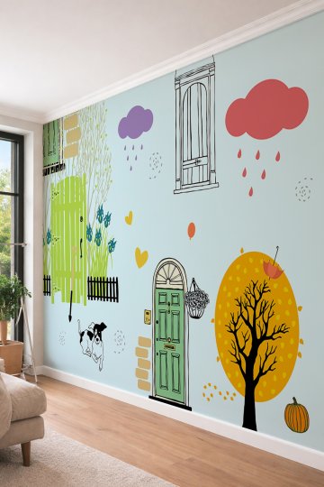 Dreamwall İllüstrasyon Bahçe ve Renkli Kapılar - Çocuk Odası İçin Tek Parça Tekstil Duvar Kağıdı