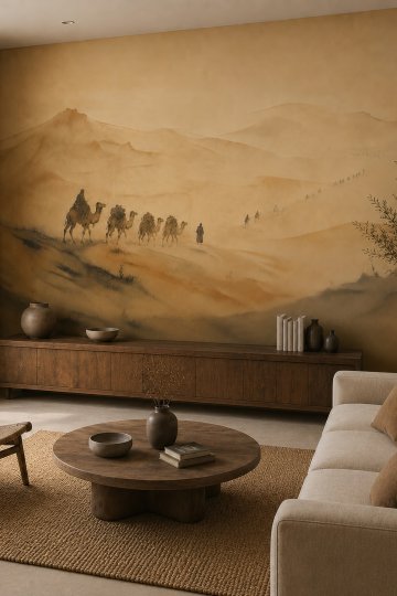 Dreamwall İpek Yolunun Sessiz Ufku Çöl ve Kervan Desenli Tek Parça Tekstil Duvar Kağıdı
