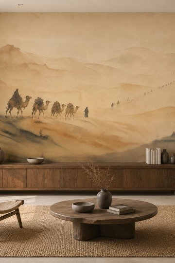 Dreamwall İpek Yolunun Sessiz Ufku Çöl ve Kervan Desenli Tek Parça Tekstil Duvar Kağıdı küçük görsel 2