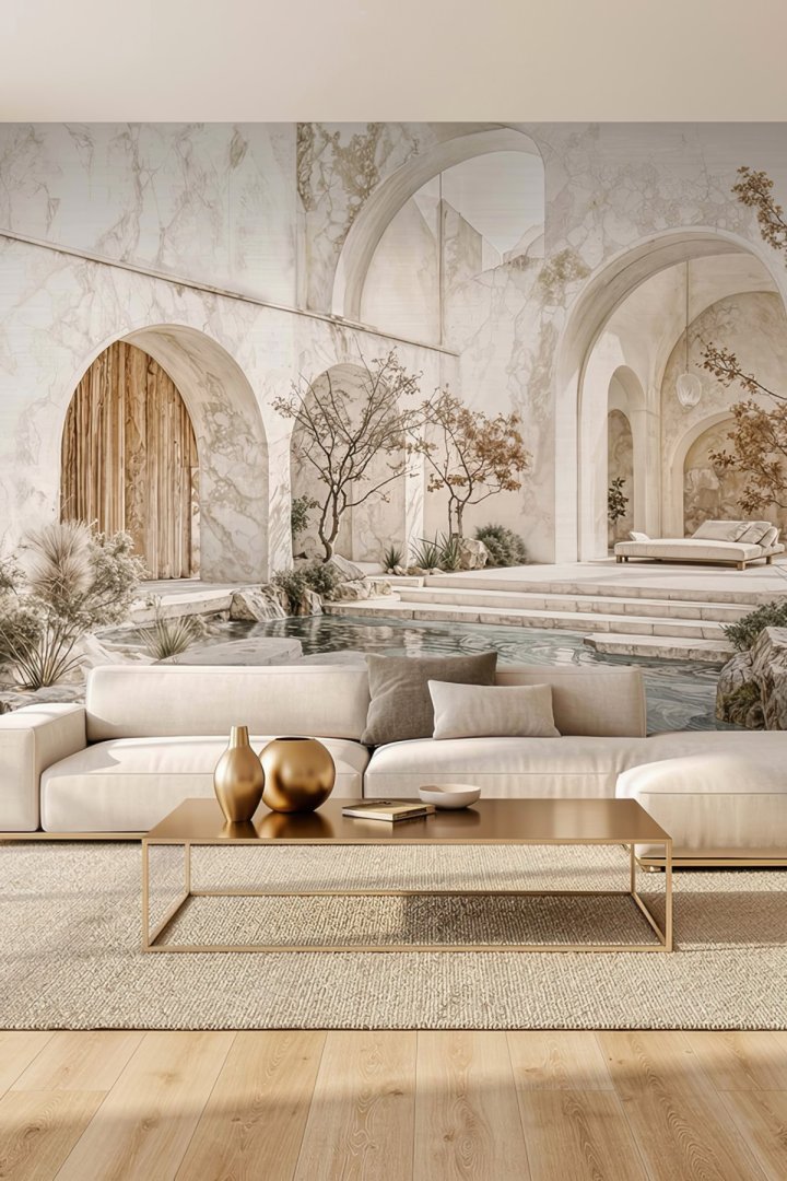 Dreamwall Işığın Avlusu- Mermer Kemerli Akdeniz Evi Temalı Tek Parça Tekstil Duvar Kağıdı