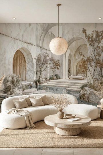 Dreamwall Işığın Avlusu- Mermer Kemerli Akdeniz Evi Temalı Tek Parça Tekstil Duvar Kağıdı küçük görsel 3