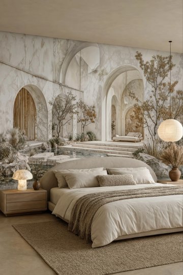 Dreamwall Işığın Avlusu- Mermer Kemerli Akdeniz Evi Temalı Tek Parça Tekstil Duvar Kağıdı küçük görsel 4