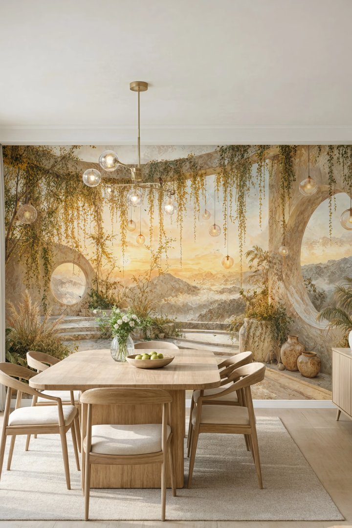 Dreamwall Işığın Bahçesi- Sarmaşıklı Modern Kemerli Bahçe Desenli Tek Parça Tekstil Duvar Kağıdı