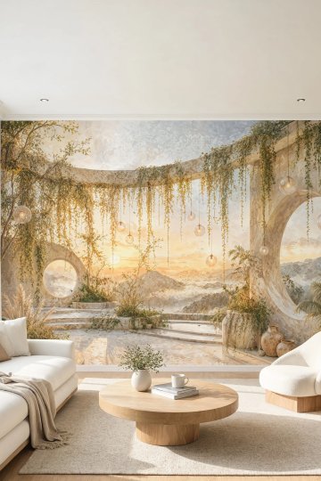 Dreamwall Işığın Bahçesi- Sarmaşıklı Modern Kemerli Bahçe Desenli Tek Parça Tekstil Duvar Kağıdı küçük görsel 2
