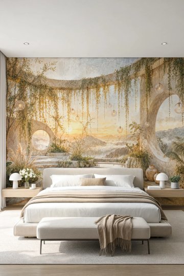 Dreamwall Işığın Bahçesi- Sarmaşıklı Modern Kemerli Bahçe Desenli Tek Parça Tekstil Duvar Kağıdı küçük görsel 4