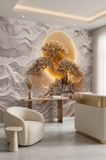 Dreamwall Işığın Saklı Kökleri-Kabartmalı Güneş ve Ağaç Desenli Tek Parça Tekstil Duvar Kağıdı 