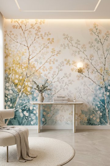 Dreamwall Işık Bahçesi-Ağaç ve Çiçekler Desenli Tek Parça Tekstil Duvar Kağıdı 