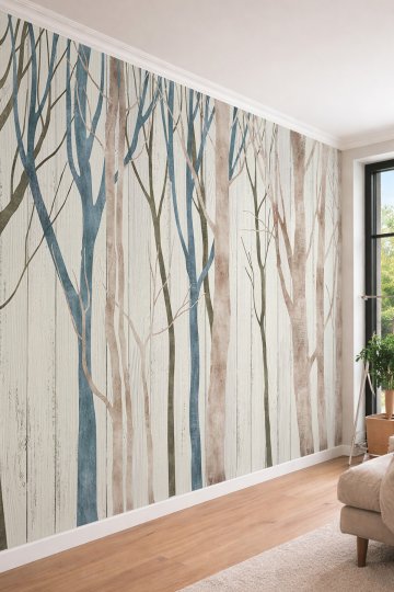 Dreamwall İskandinav Tarzı Suluboya Ağaçlar Ahşap Panel Görünümü Temalı Tekstil Duvar Kağıdı