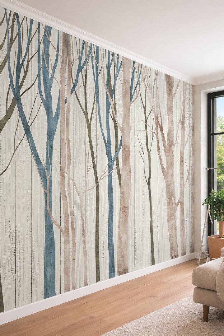 Dreamwall İskandinav Tarzı Suluboya Ağaçlar Ahşap Panel Görünümü Temalı Tekstil Duvar Kağıdı
