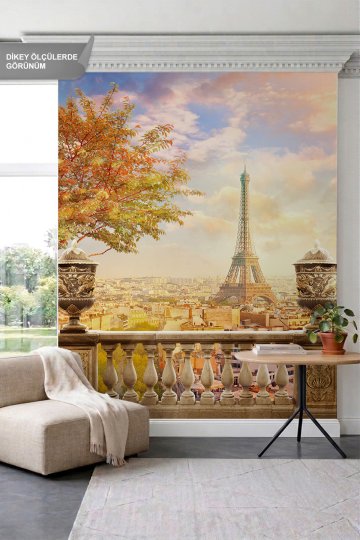 Dreamwall İşlemeli Saksılar ve Paris Eyfel Kulesi Manzaralı Teras Tek Parça Tekstil Duvar Kağıdı