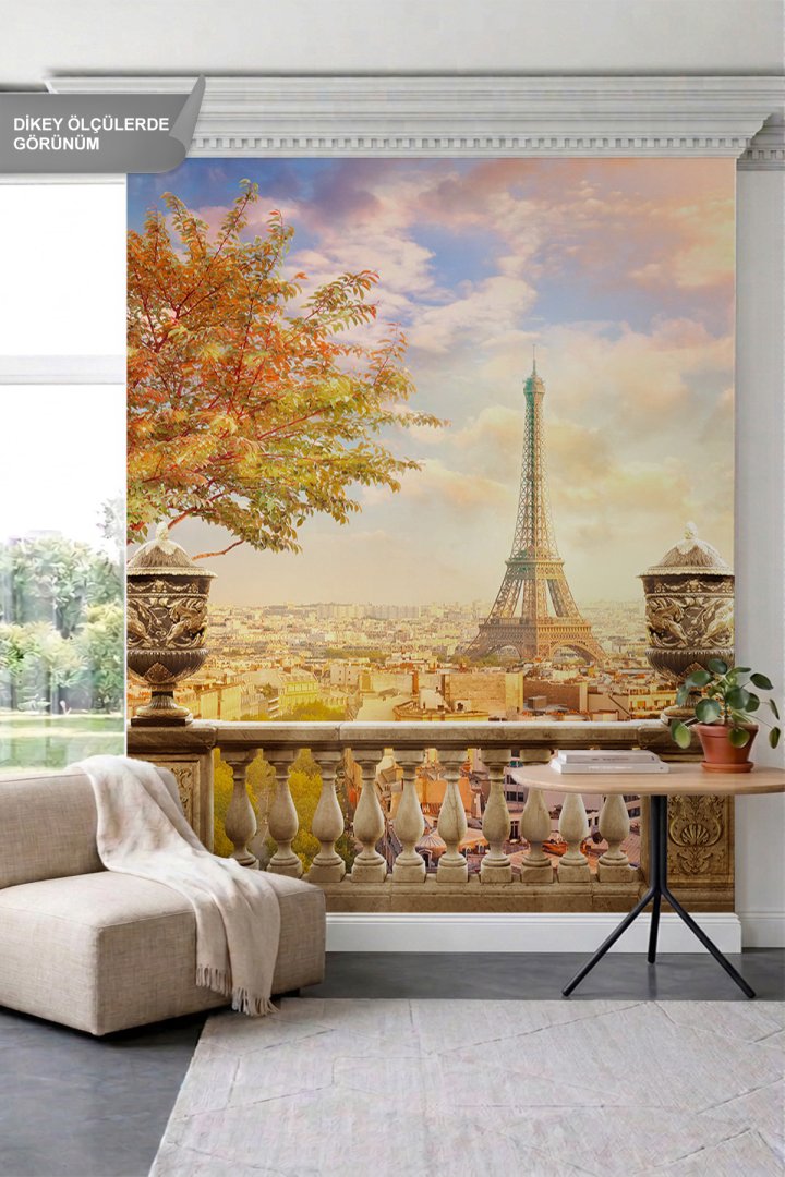 Dreamwall İşlemeli Saksılar ve Paris Eyfel Kulesi Manzaralı Teras Tek Parça Tekstil Duvar Kağıdı