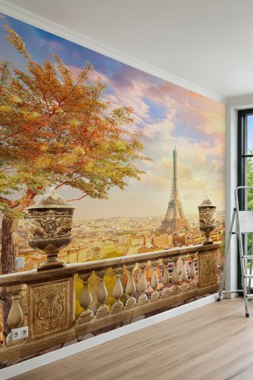 Dreamwall İşlemeli Saksılar ve Paris Eyfel Kulesi Manzaralı Teras Tek Parça Tekstil Duvar Kağıdı küçük görsel 2