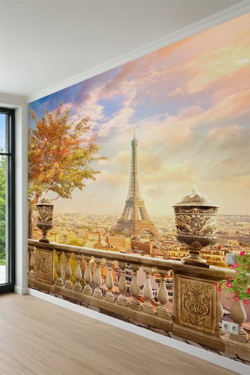 Dreamwall İşlemeli Saksılar ve Paris Eyfel Kulesi Manzaralı Teras Tek Parça Tekstil Duvar Kağıdı küçük görsel 3