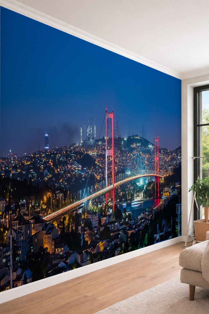 Dreamwall İstanbul Boğazı ve Köprü Gece Manzarası Tek Parça Tekstil Duvar Kağıdı