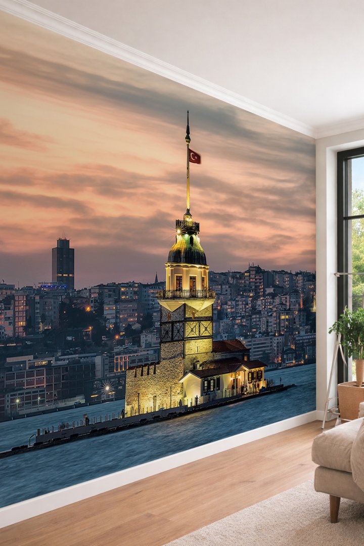 Dreamwall İstanbul Kız Kulesi Manzaralı Gün Batımı ve Şehir Işıkları Temalı Tekstil Duvar Kağıdı