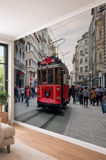 Dreamwall İstanbul Nostaljik Tramvay ve İstiklal Caddesi Tarihi Şehir Manzaralı Tekstil Duvar Kağıdı