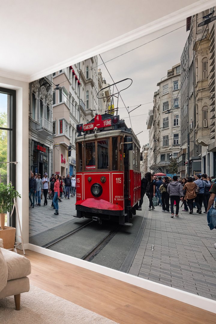 Dreamwall İstanbul Nostaljik Tramvay ve İstiklal Caddesi Tarihi Şehir Manzaralı Tekstil Duvar Kağıdı