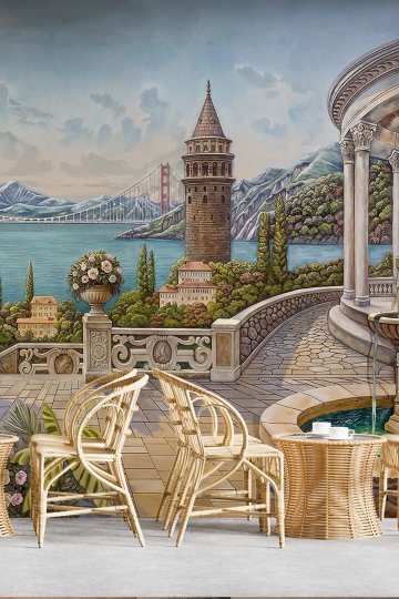 Dreamwall İstanbul Silüeti, Galata Kulesi, Mermer Teras ve Çeşme Detaylı Manzaralı Tek Parça Tekstil Duvar Kağıdı  küçük görsel 1