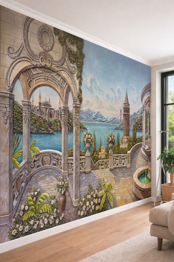 Dreamwall İstanbul Silüeti, Galata Kulesi, Mermer Teras ve Çeşme Detaylı Manzaralı Tek Parça Tekstil Duvar Kağıdı  küçük görsel 2