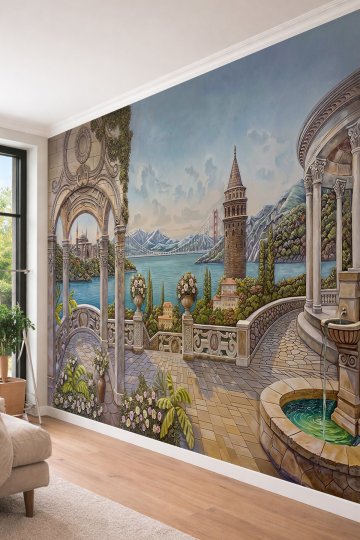 Dreamwall İstanbul Silüeti, Galata Kulesi, Mermer Teras ve Çeşme Detaylı Manzaralı Tek Parça Tekstil Duvar Kağıdı  küçük görsel 4