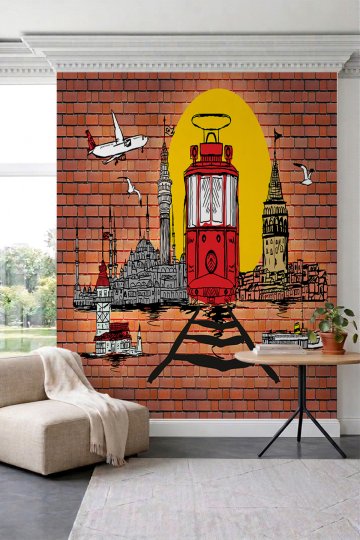 Dreamwall İstanbul Silüeti, Kırmızı Tramvay ve Tuğla Duvar Desenli Tek Parça Tekstil Duvar Kağıdı küçük görsel 2