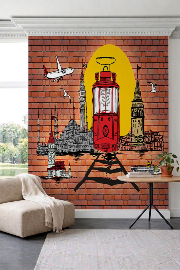 Dreamwall İstanbul Silüeti, Kırmızı Tramvay ve Tuğla Duvar Desenli Tek Parça Tekstil Duvar Kağıdı