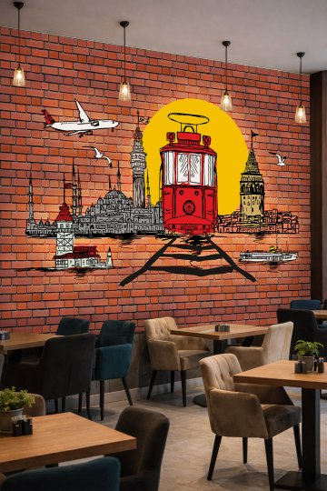 Dreamwall İstanbul Silüeti, Kırmızı Tramvay ve Tuğla Duvar Desenli Tek Parça Tekstil Duvar Kağıdı