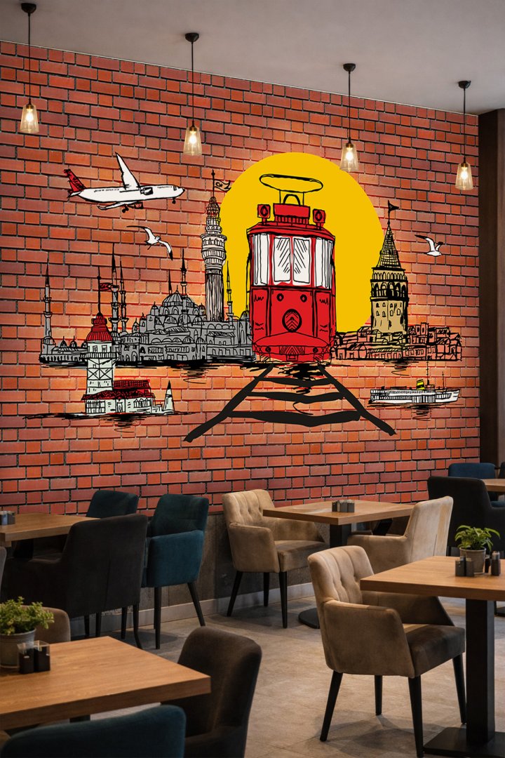 Dreamwall İstanbul Silüeti, Kırmızı Tramvay ve Tuğla Duvar Desenli Tek Parça Tekstil Duvar Kağıdı