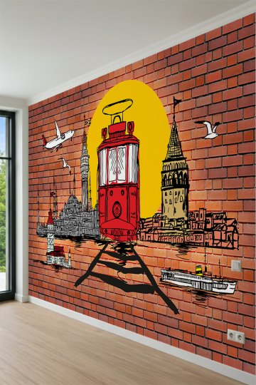 Dreamwall İstanbul Silüeti, Kırmızı Tramvay ve Tuğla Duvar Desenli Tek Parça Tekstil Duvar Kağıdı küçük görsel 3