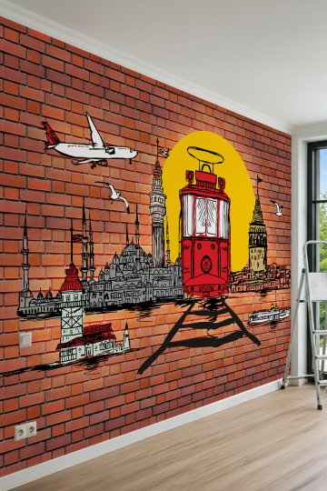 Dreamwall İstanbul Silüeti, Kırmızı Tramvay ve Tuğla Duvar Desenli Tek Parça Tekstil Duvar Kağıdı küçük görsel 4