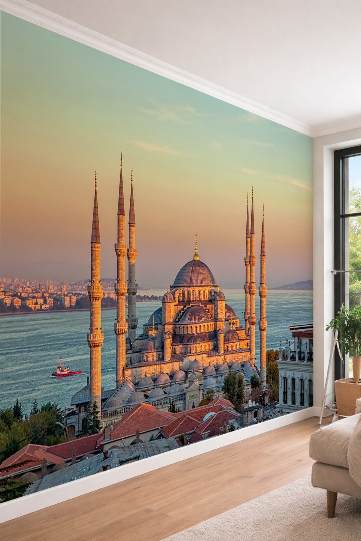 Dreamwall İstanbul Sultanahmet Camii - Şehir ve Deniz Manzaralı Tek Parça Tekstil Duvar Kağıdı