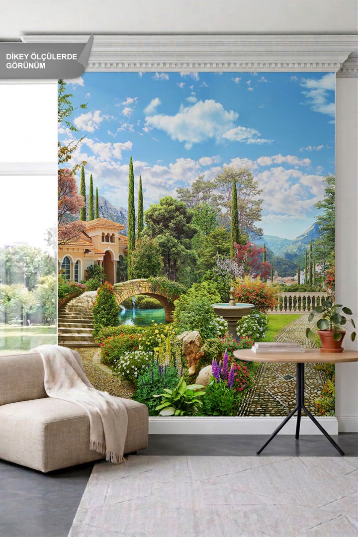Dreamwall İtalyan Villası, Bahçe Yolu ve Peyzaj Manzaralı Tek Parça Tekstil Duvar Kağıdı