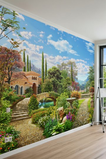 Dreamwall İtalyan Villası, Bahçe Yolu ve Peyzaj Manzaralı Tek Parça Tekstil Duvar Kağıdı küçük görsel 2