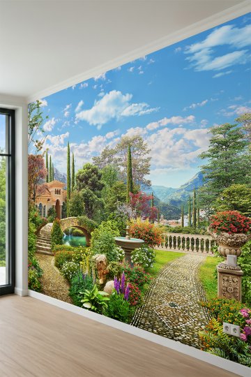 Dreamwall İtalyan Villası, Bahçe Yolu ve Peyzaj Manzaralı Tek Parça Tekstil Duvar Kağıdı küçük görsel 3