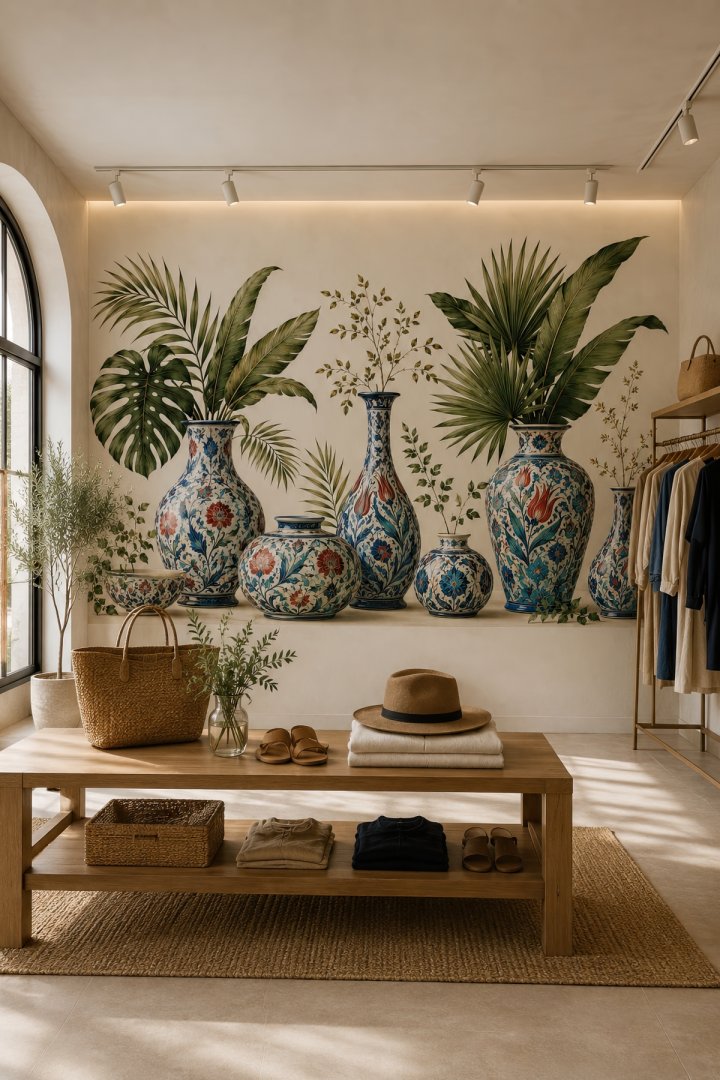 Dreamwall İznik Ustasının Yeşil Rüyası Vazo Desenli Tek Parça Tekstil Duvar Kağıdı