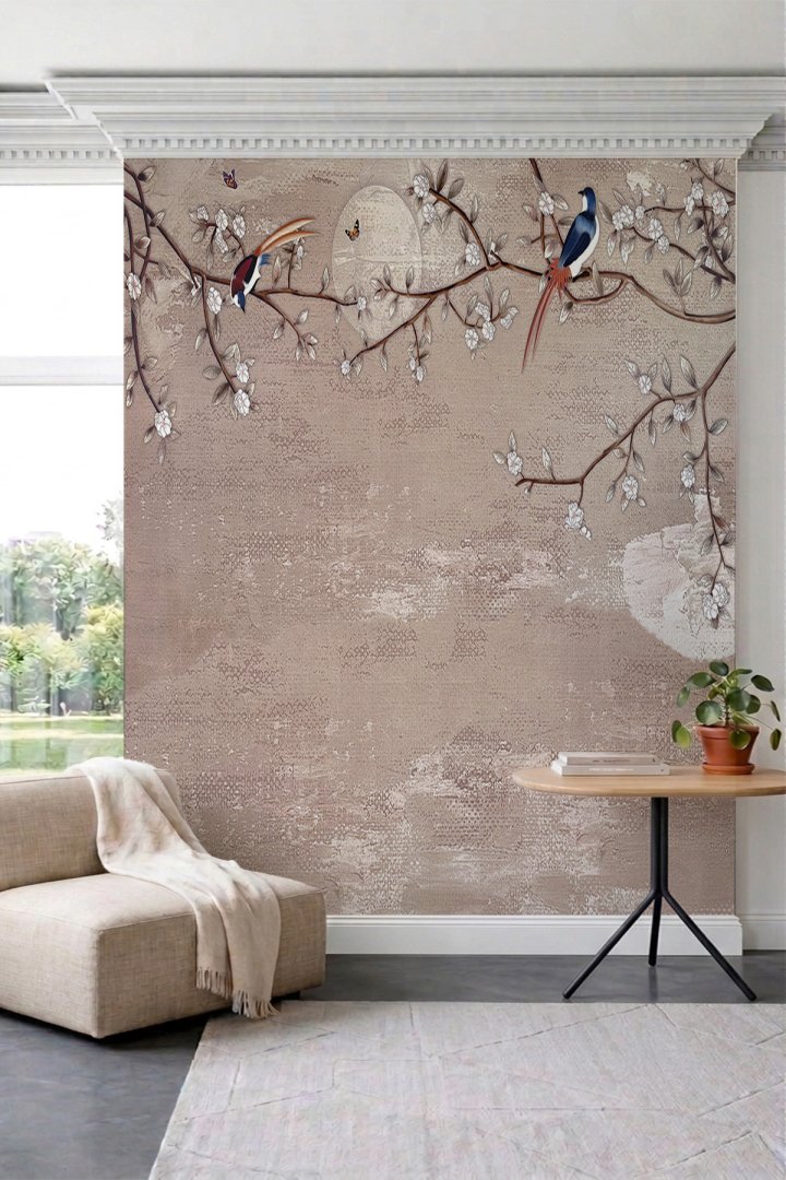 Dreamwall Japon Esintili Çiçekli Dallar ve Egzotik Kuşlar Desenli Tek Parça Tekstil Duvar Kağıdı