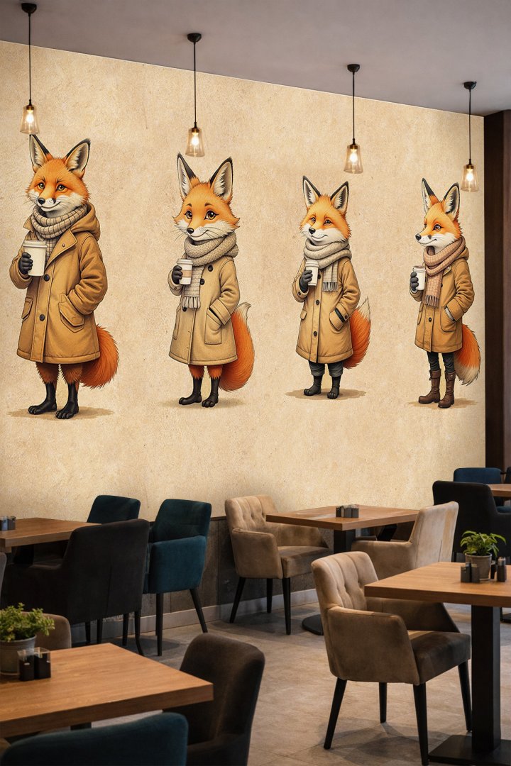 Dreamwall Kabanlı, Atkılı ve Kahve İçen Sevimli Tilki Karakterleri Tek Parça Tekstil Duvar Kağıdı