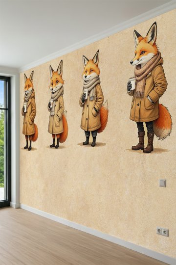 Dreamwall Kabanlı, Atkılı ve Kahve İçen Sevimli Tilki Karakterleri Tek Parça Tekstil Duvar Kağıdı küçük görsel 3
