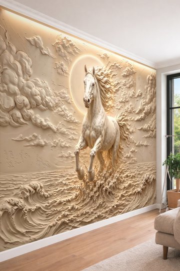 Dreamwall Kabartma Görünümlü Güneş, Bulutlar ve Dalgalar İçinde Koşan At Desenli Tek Parça Tekstil Duvar Kağıdı  küçük görsel 1