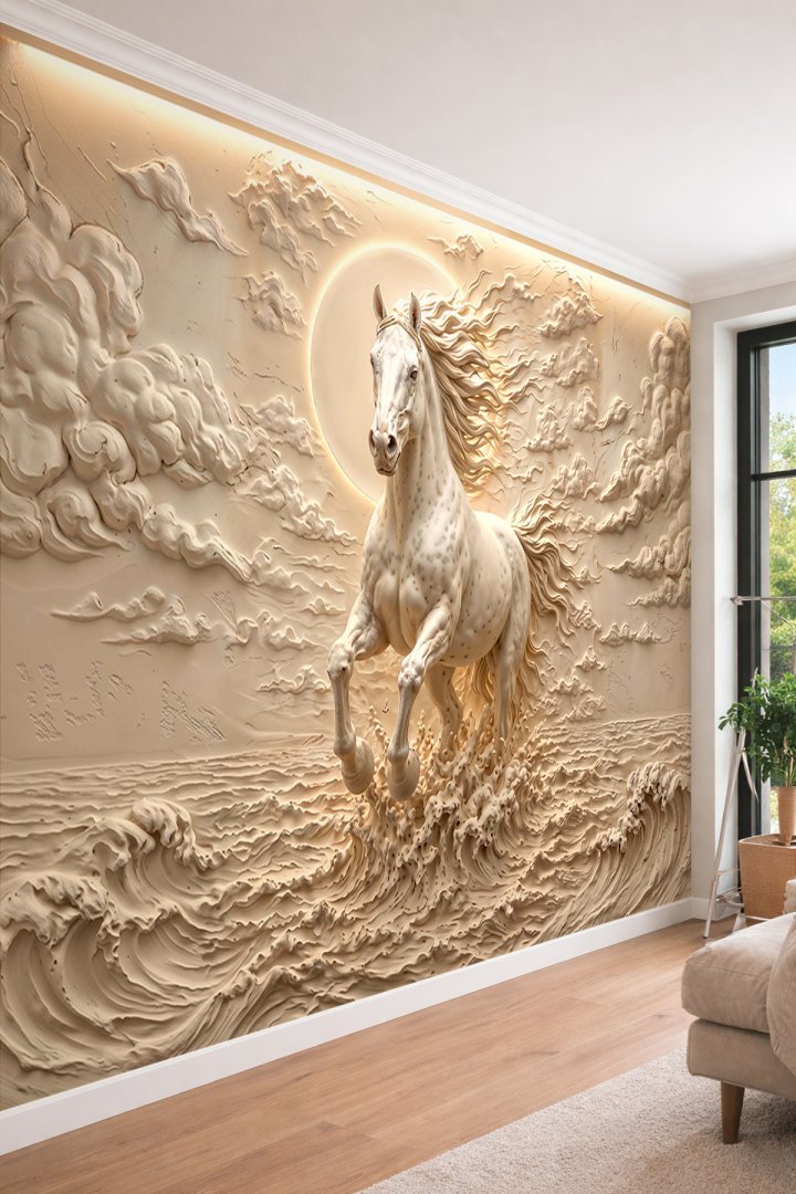 Dreamwall Kabartma Görünümlü Güneş, Bulutlar ve Dalgalar İçinde Koşan At Desenli Tek Parça Tekstil D...