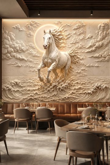 Dreamwall Kabartma Görünümlü Güneş, Bulutlar ve Dalgalar İçinde Koşan At Desenli Tek Parça Tekstil Duvar Kağıdı  küçük görsel 2