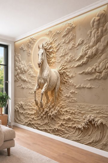 Dreamwall Kabartma Görünümlü Güneş, Bulutlar ve Dalgalar İçinde Koşan At Desenli Tek Parça Tekstil Duvar Kağıdı  küçük görsel 4