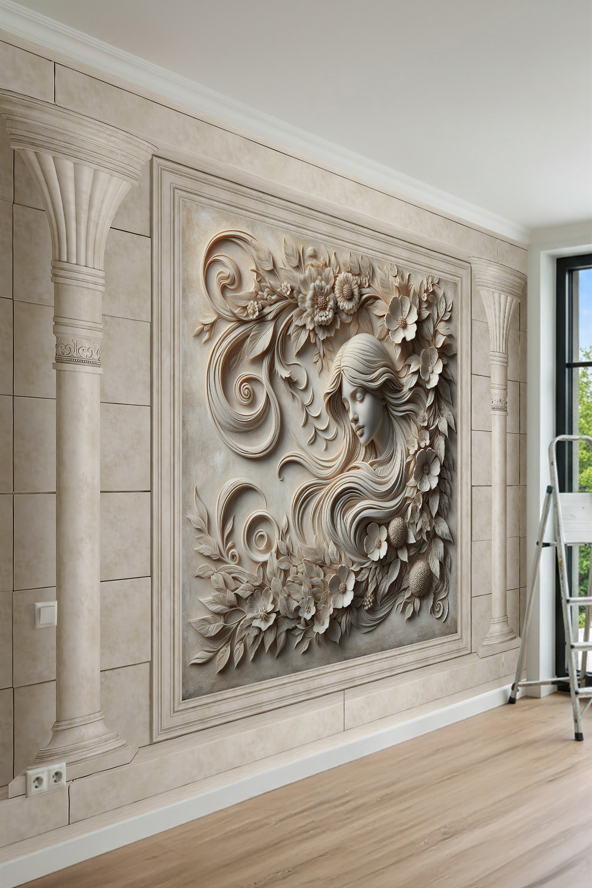 Dreamwall Kabartma Kadın Figürü, Sütunlu ve Çiçek Motifli Tek Parça Tekstil Duvar Kağıdı görsel 1