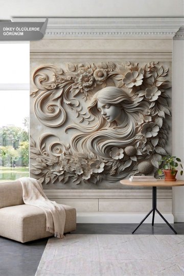 Dreamwall Kabartma Kadın Figürü, Sütunlu ve Çiçek Motifli Tek Parça Tekstil Duvar Kağıdı küçük görsel 2