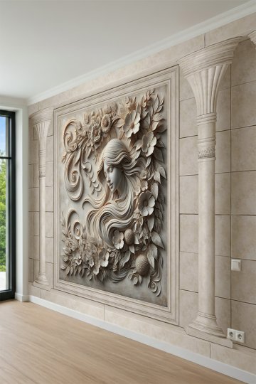 Dreamwall Kabartma Kadın Figürü, Sütunlu ve Çiçek Motifli Tek Parça Tekstil Duvar Kağıdı küçük görsel 3