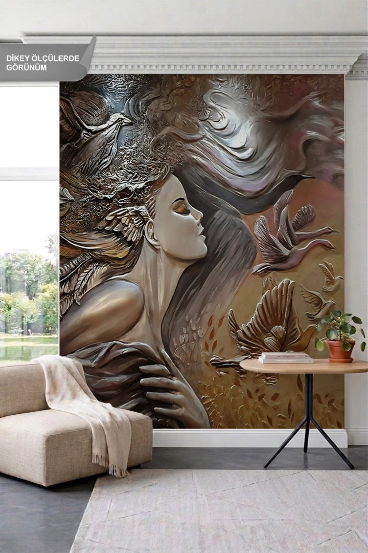 Dreamwall Kabartma Rölyef Görünümlü Kadın ve Kuş Motifli Tek Parça Tekstil Duvar Kağıdı